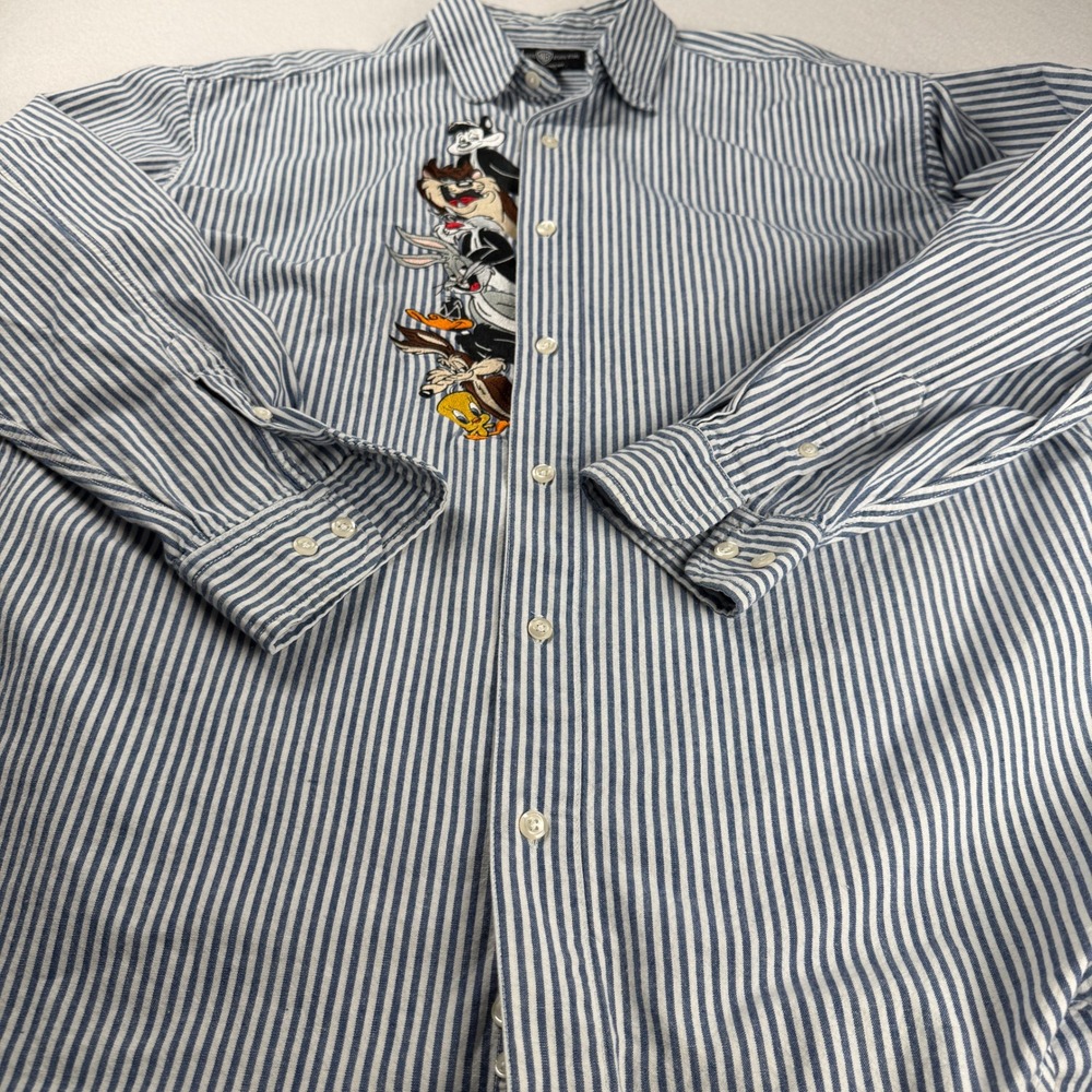 Vintage Warner Brothers 1995 Embroidered Looney Tunes Shirt Striped Blue Large - Picture 9 of 9